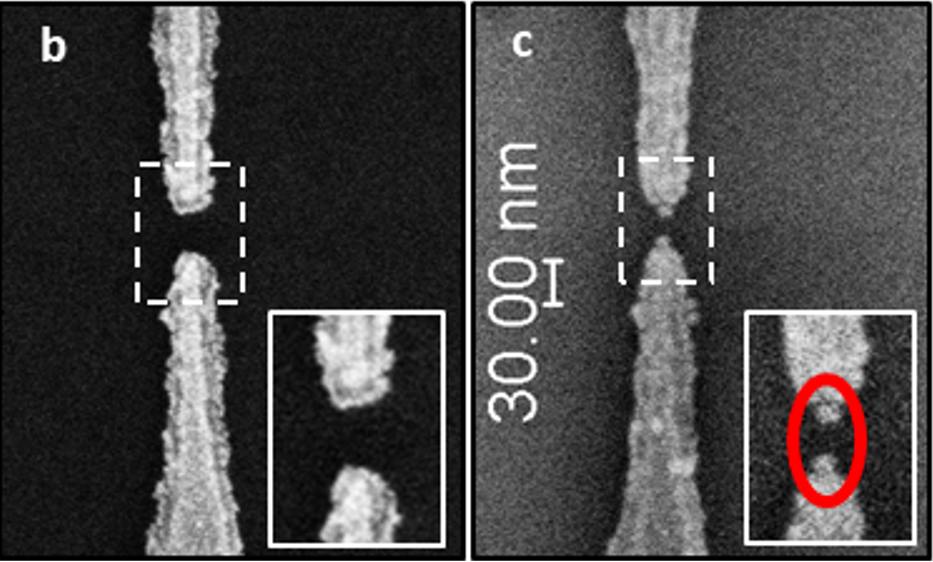 Electron microscope showing electrodes with a single DNA molecule. Right image shows molecule (see the nanoparticles circled by a red ellipses), on the left without a molecule. Credit: HU