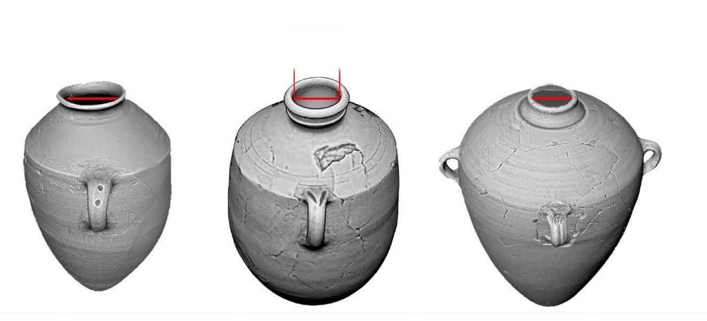 L-R Storage jars from Khiyife, Hippo, Lmlk. Inner rim diameter outlined in red.