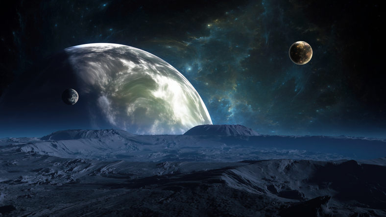 New Exoplanet or Extrasolar planet with atmosphere and moon rendering