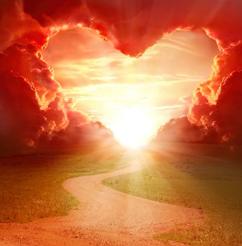 Red heart shaped sky at sunset. Beautiful landscape with flowers.