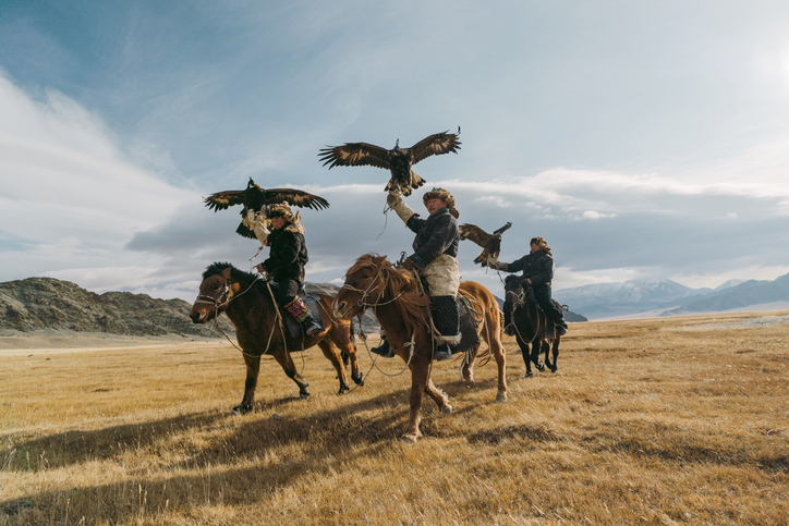 Portrait of group of eagle hunters in Mongolia