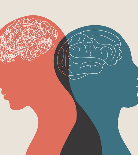 Bipolar disorder, mood change, mental illness, psychological suffering, dual personality, sadness and depression. Diagnosis or treatment for symptoms and mental disorders. Mental health. Meditation concept. Imagination